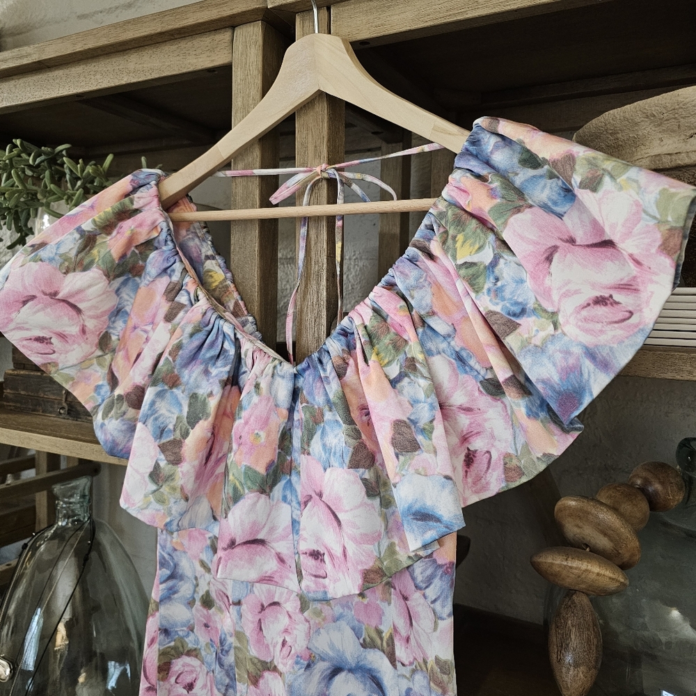& Other Stories Floral Ruffle Mini Dress Pink & Blue Off-Shoulder Party - Picture 5 of 12